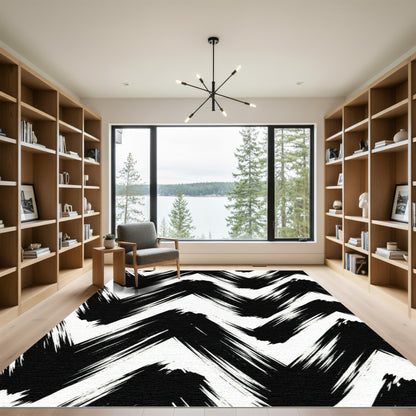 Bold Black White Brushstroke Chevron Rug
