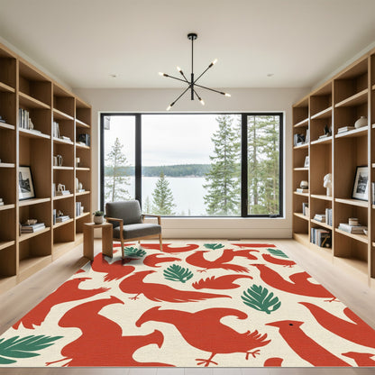 Whimsical Red Bird Foliage Pattern Rug