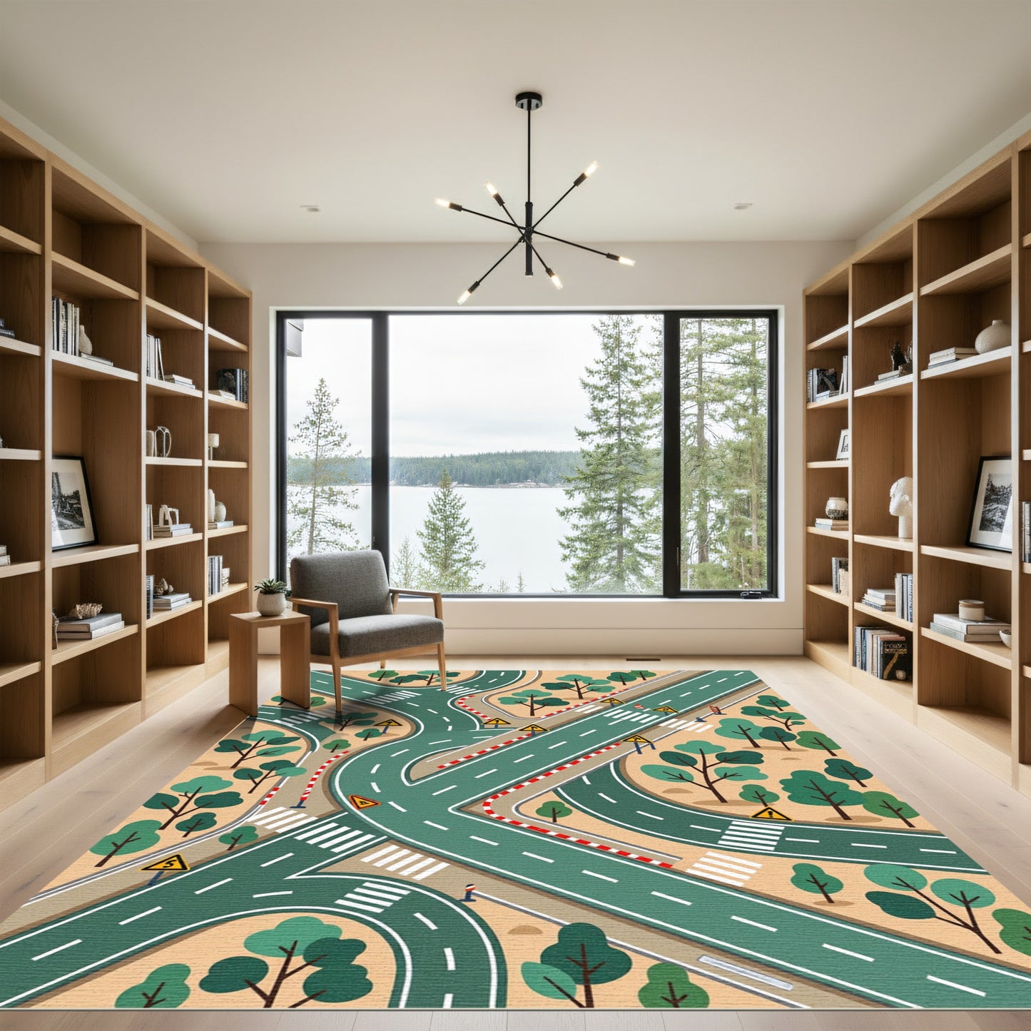 Illustrated Green Road Traffic Play Map Rug