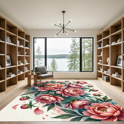 Blushing Peony Watercolor Floral Art Rug