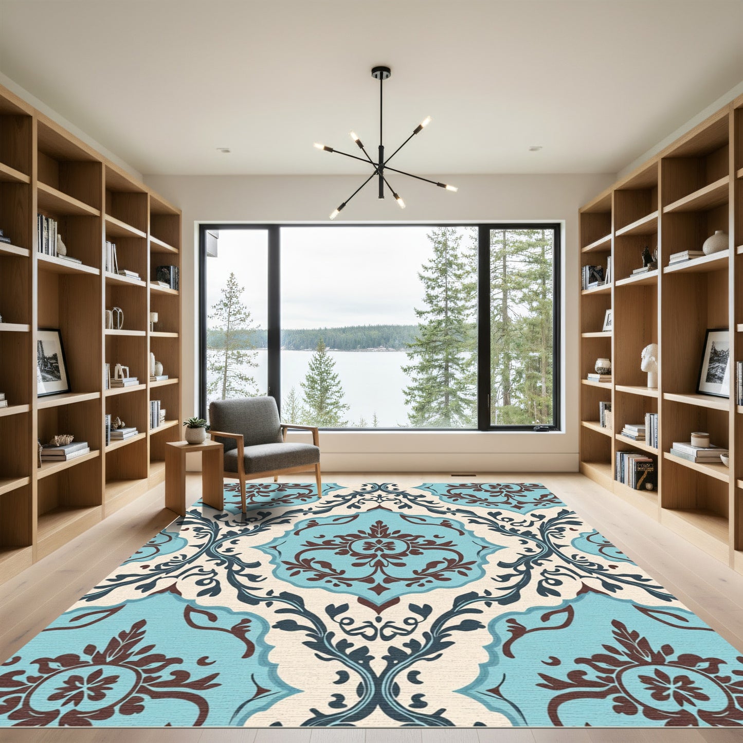 Classic Teal Brown Floral Damask Rug