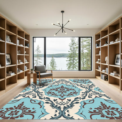 Classic Teal Brown Floral Damask Rug