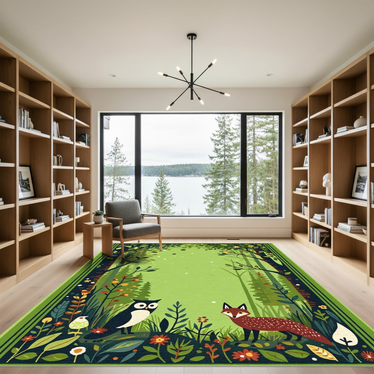 Enchanted Forest Owl Fox Woodland Scene Rug