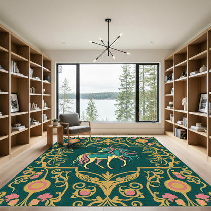 Whimsical Teal Unicorn Floral Border Rug