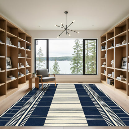 Navy Cream Contemporary Striped Rug