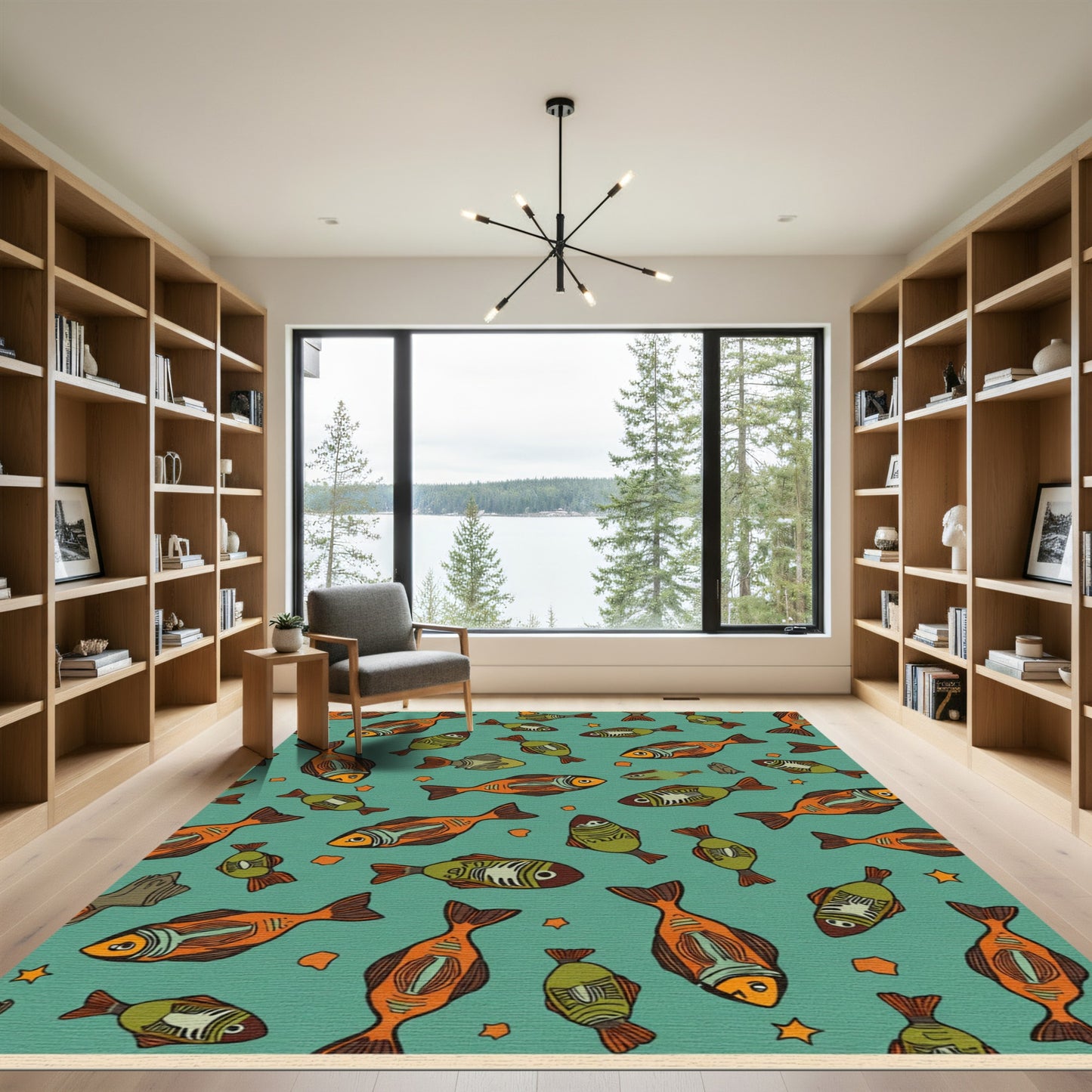 Playful Orange Green Fish Flock Rug