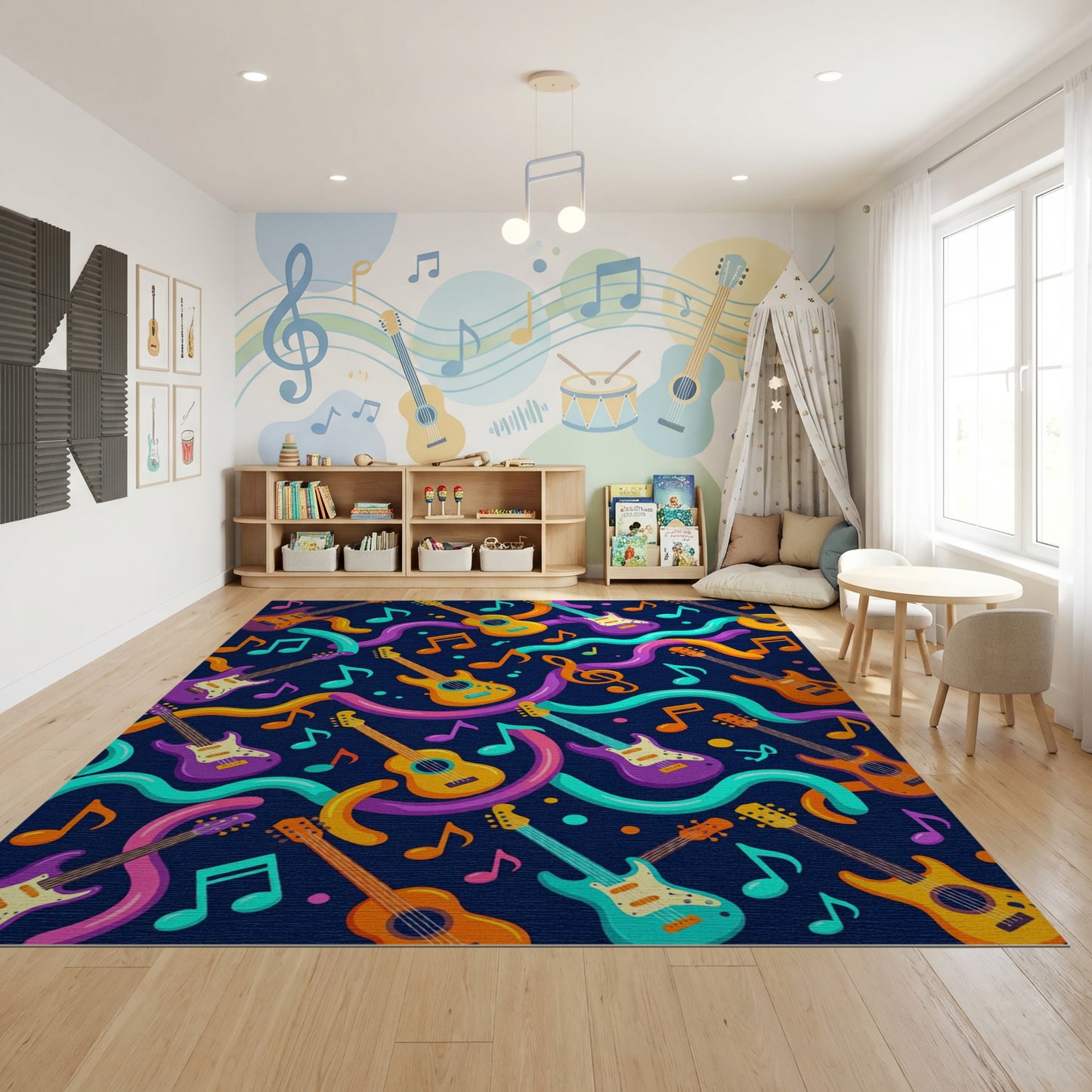 Vibrant Guitar Notes Wavy Swirls Rug
