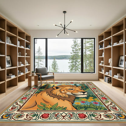 Majestic Lion Forest Floral Border Rug