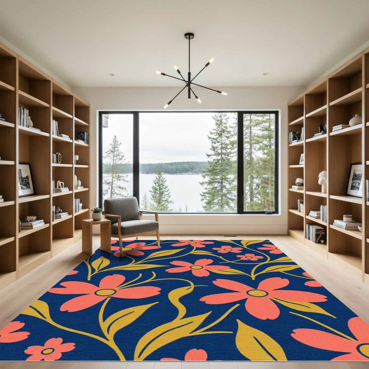 Coral Flowers Navy Blue Golden Vines Rug