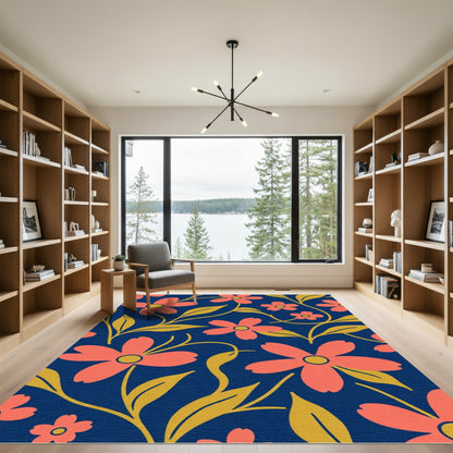 Coral Flowers Navy Blue Golden Vines Rug