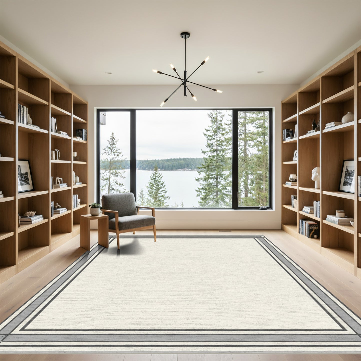 Minimalist Cream Gray Geometric Border Rug