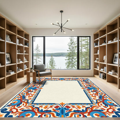 Vibrant Blue Orange Floral Scrollwork Rug