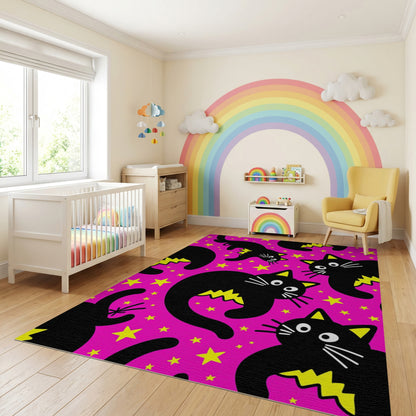 Whimsical Black Cats Stars Lightning Pink Rug