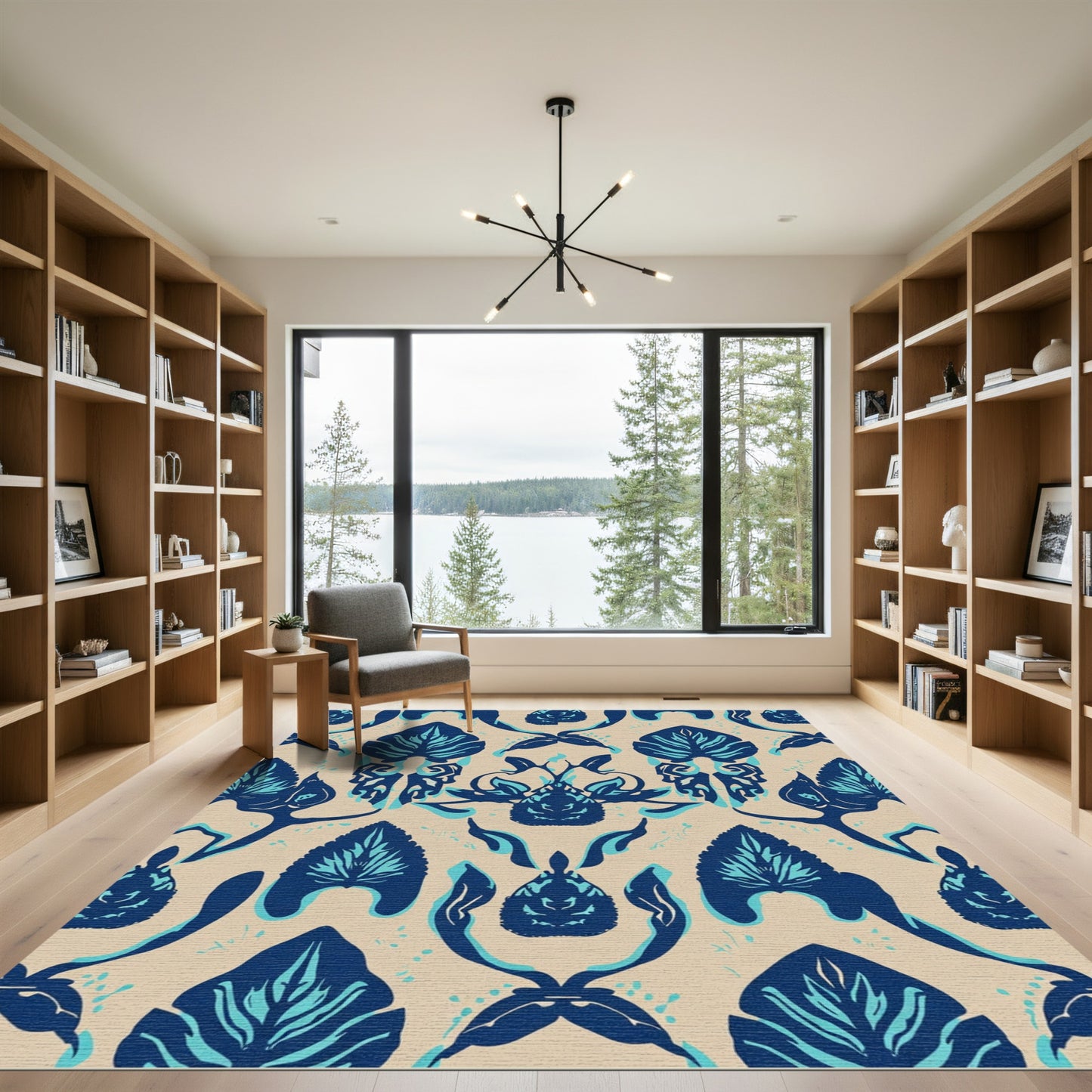 Navy Blue Leafy Damask Arrangement Rug