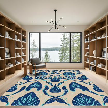 Navy Blue Leafy Damask Arrangement Rug