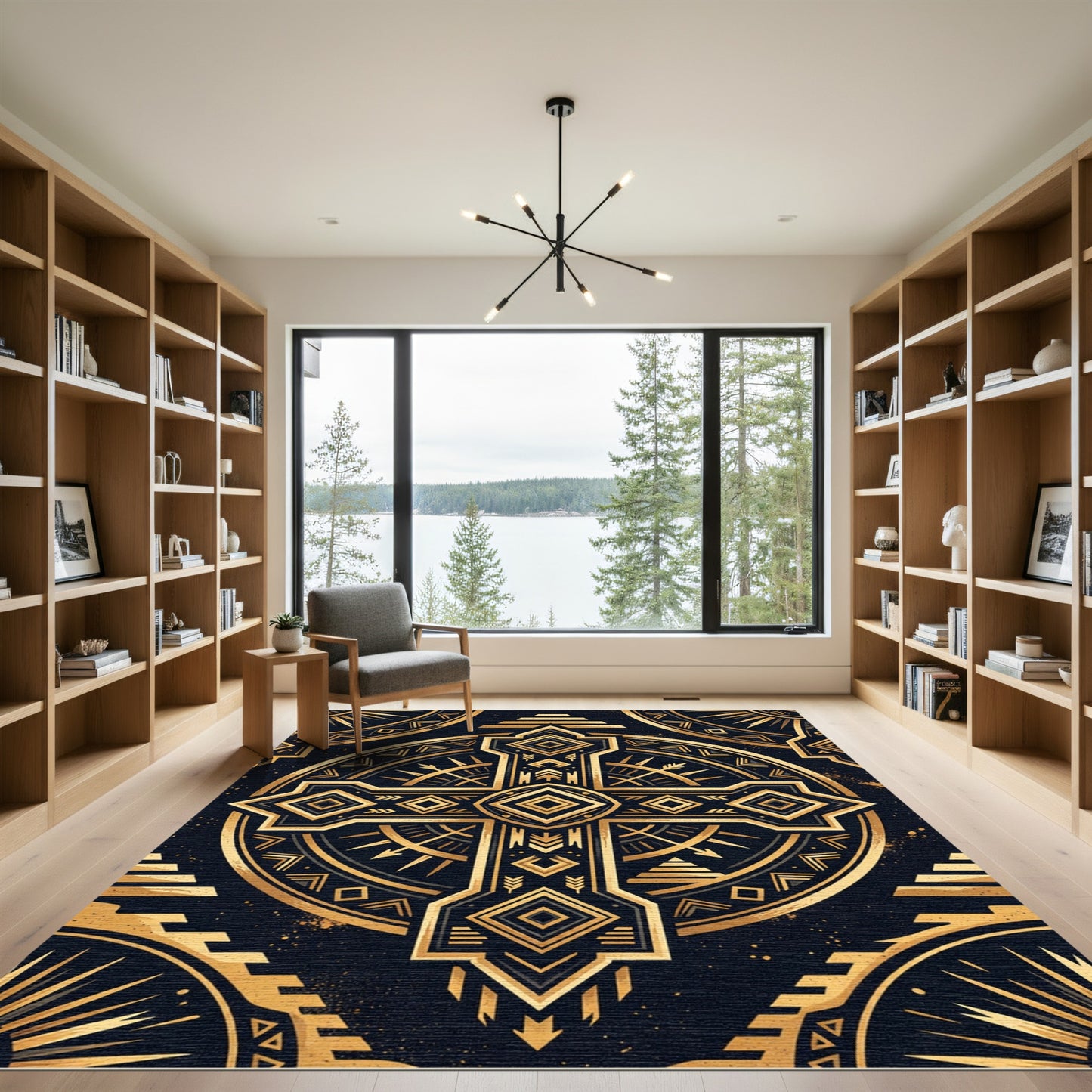Golden Art Deco Geometric Cross Rug
