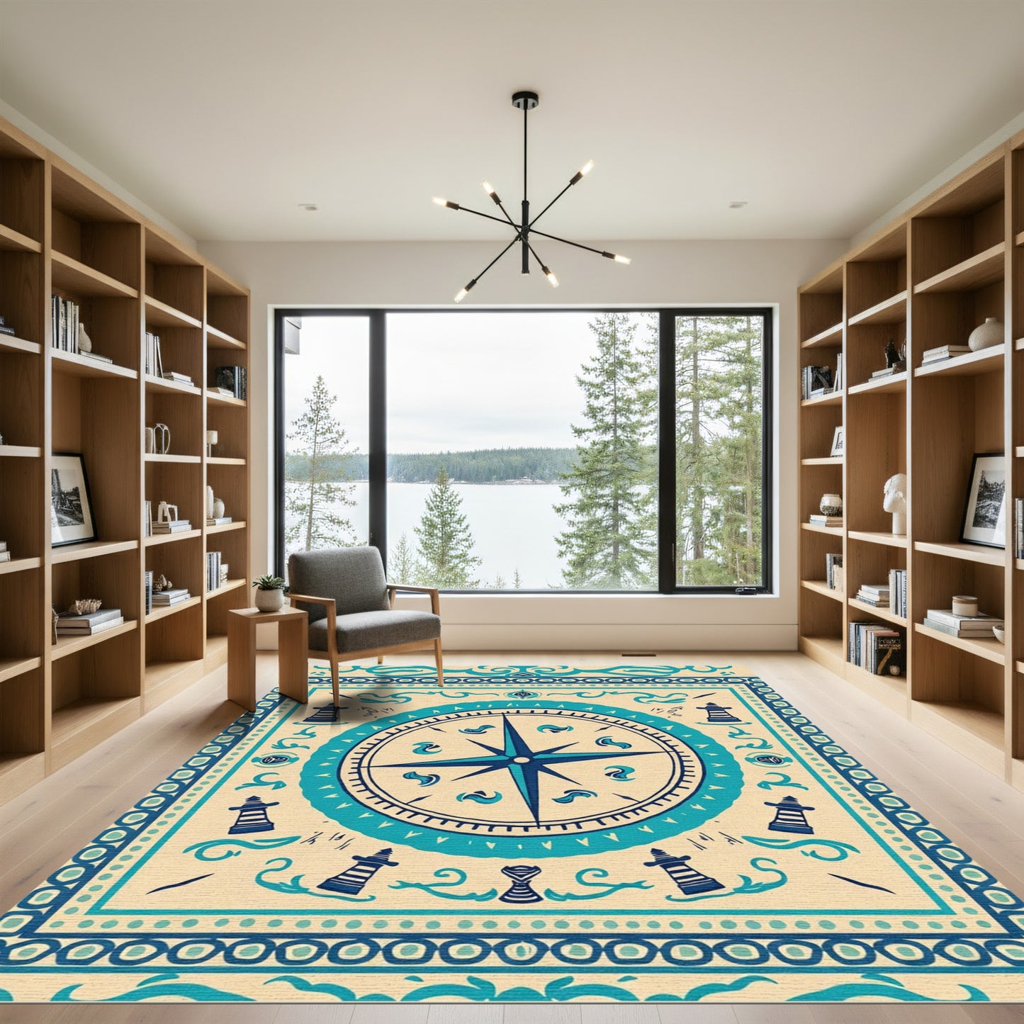 Nautical Compass Lighthouse Border Rug