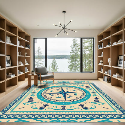 Nautical Compass Lighthouse Border Rug