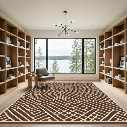 Brown and Cream Geometric Maze Rug