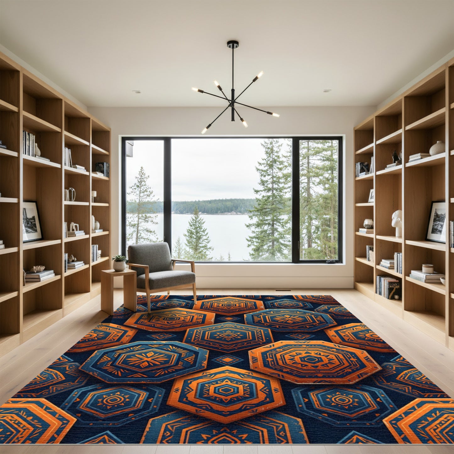 Geometric Cobalt and Burnt Orange Hexagon Rug