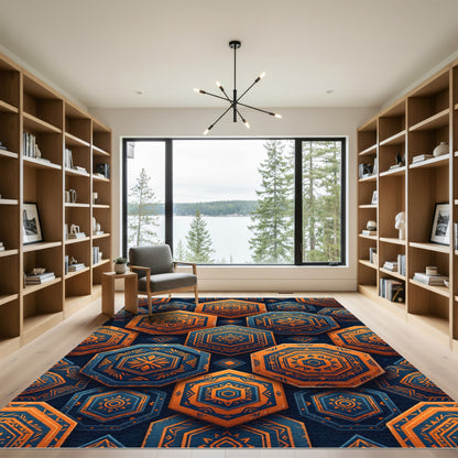 Geometric Cobalt and Burnt Orange Hexagon Rug
