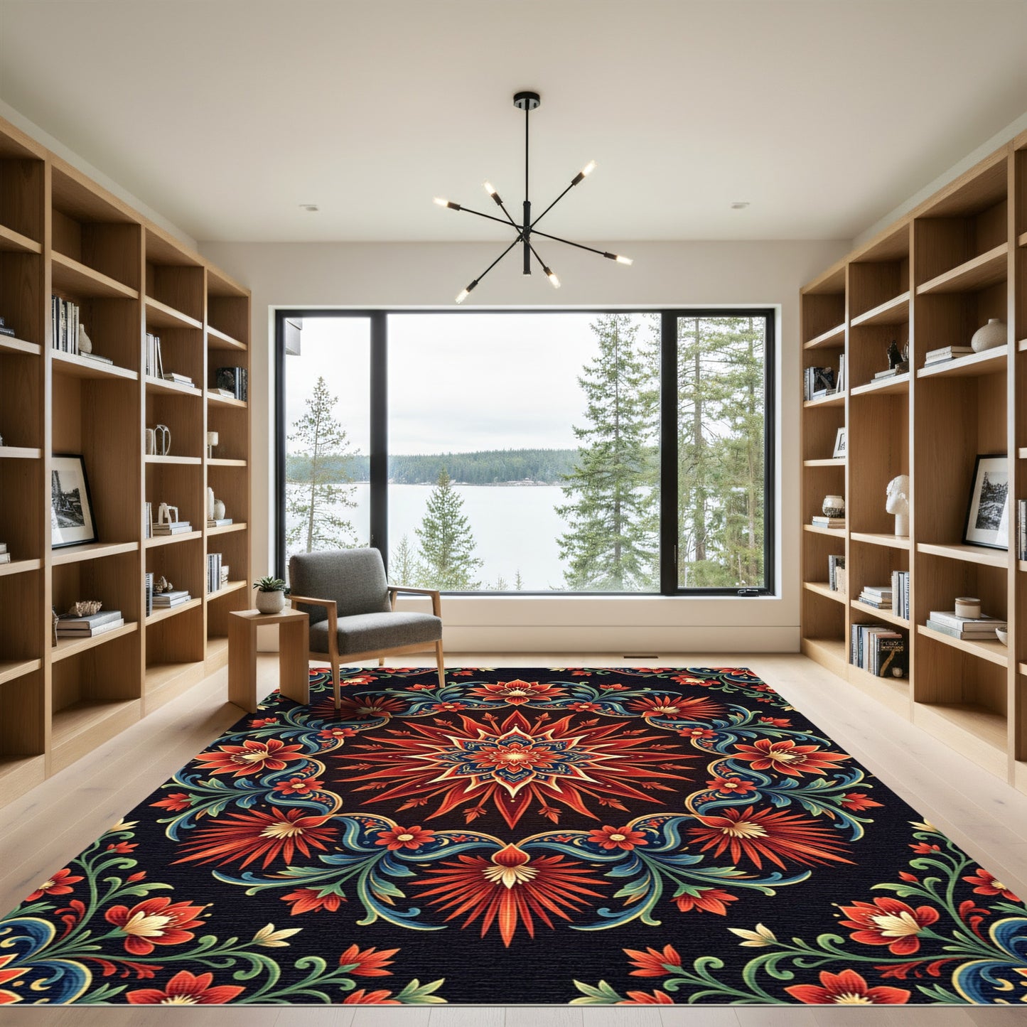 Vibrant Crimson Floral Mandala Medallion Rug