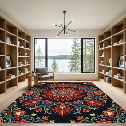 Vibrant Crimson Floral Mandala Medallion Rug