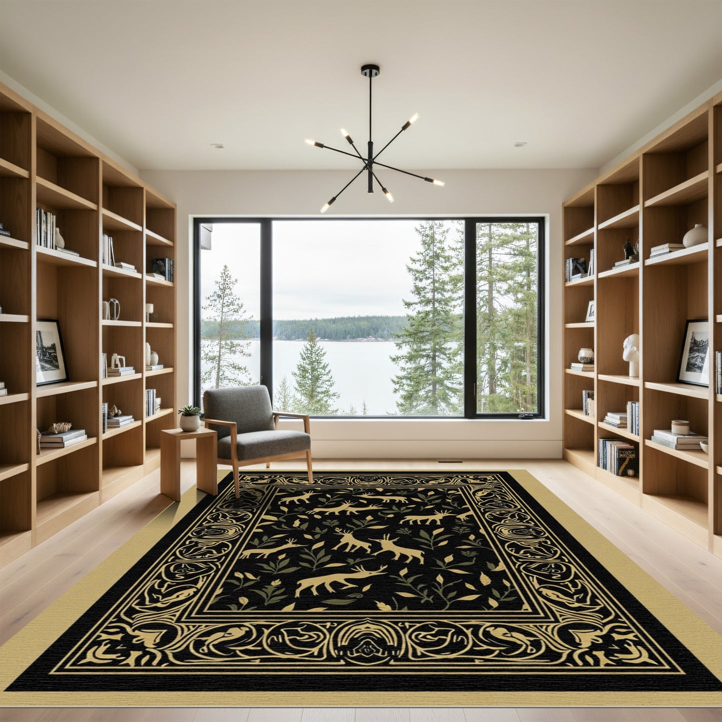 Golden Deer Forest Border Design Rug