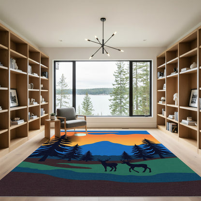 Sunset Forest Deer Landscape Rug