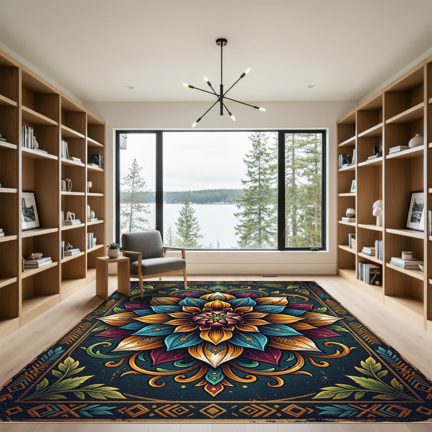 Vibrant Teal Golden Floral Mandala Rug