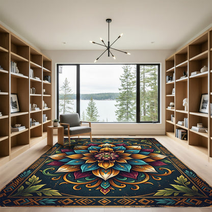 Vibrant Teal Golden Floral Mandala Rug