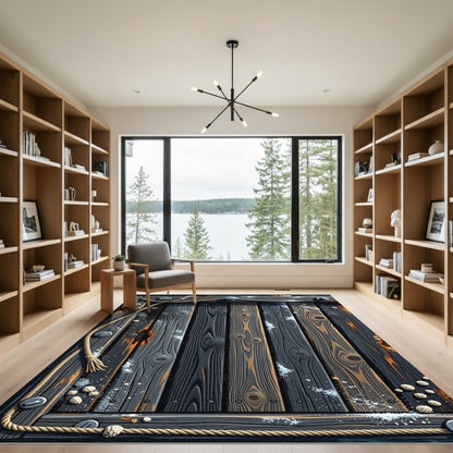 Dark Wood Plank Rope Border Rug