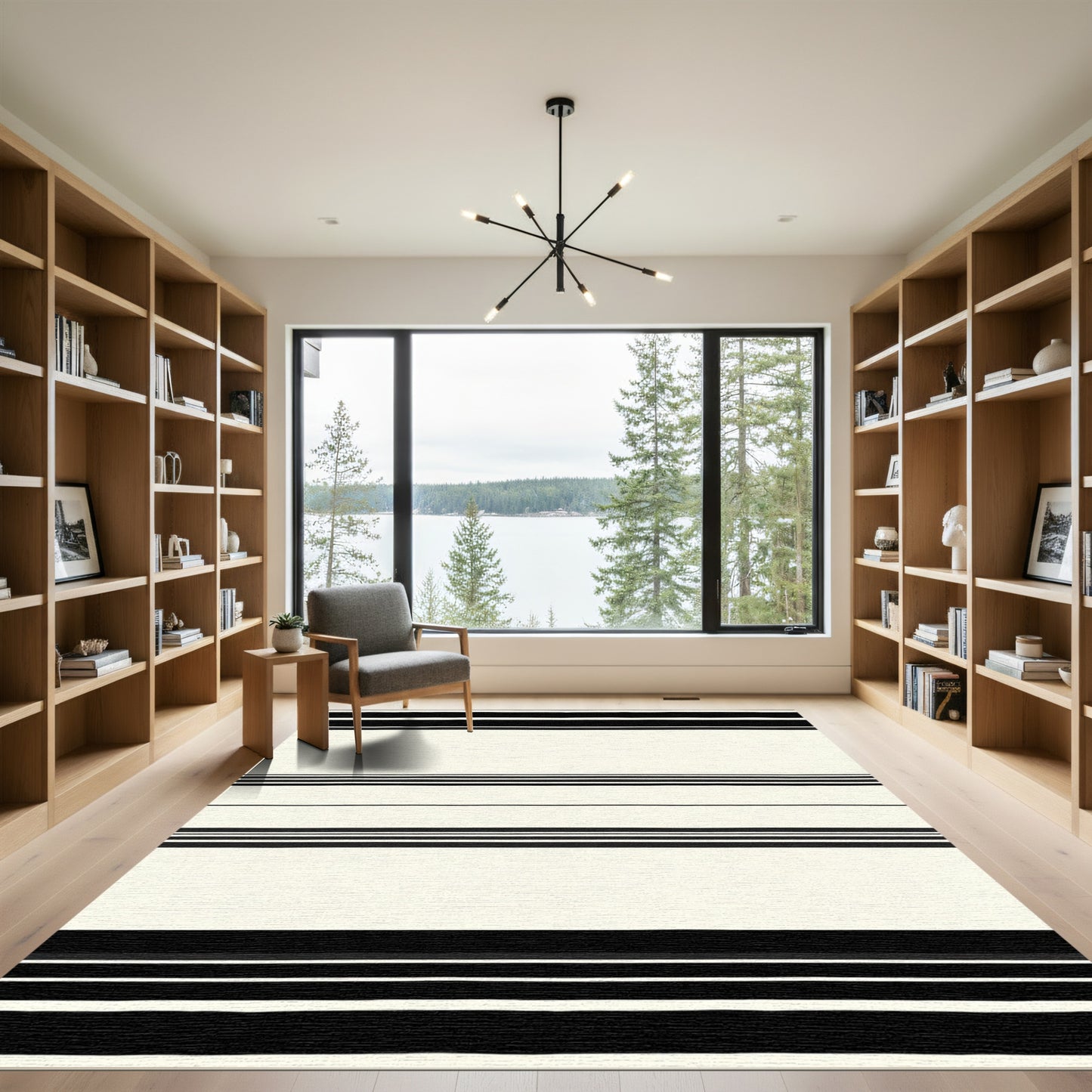 Classic Black Stripe Ivory Field Rug