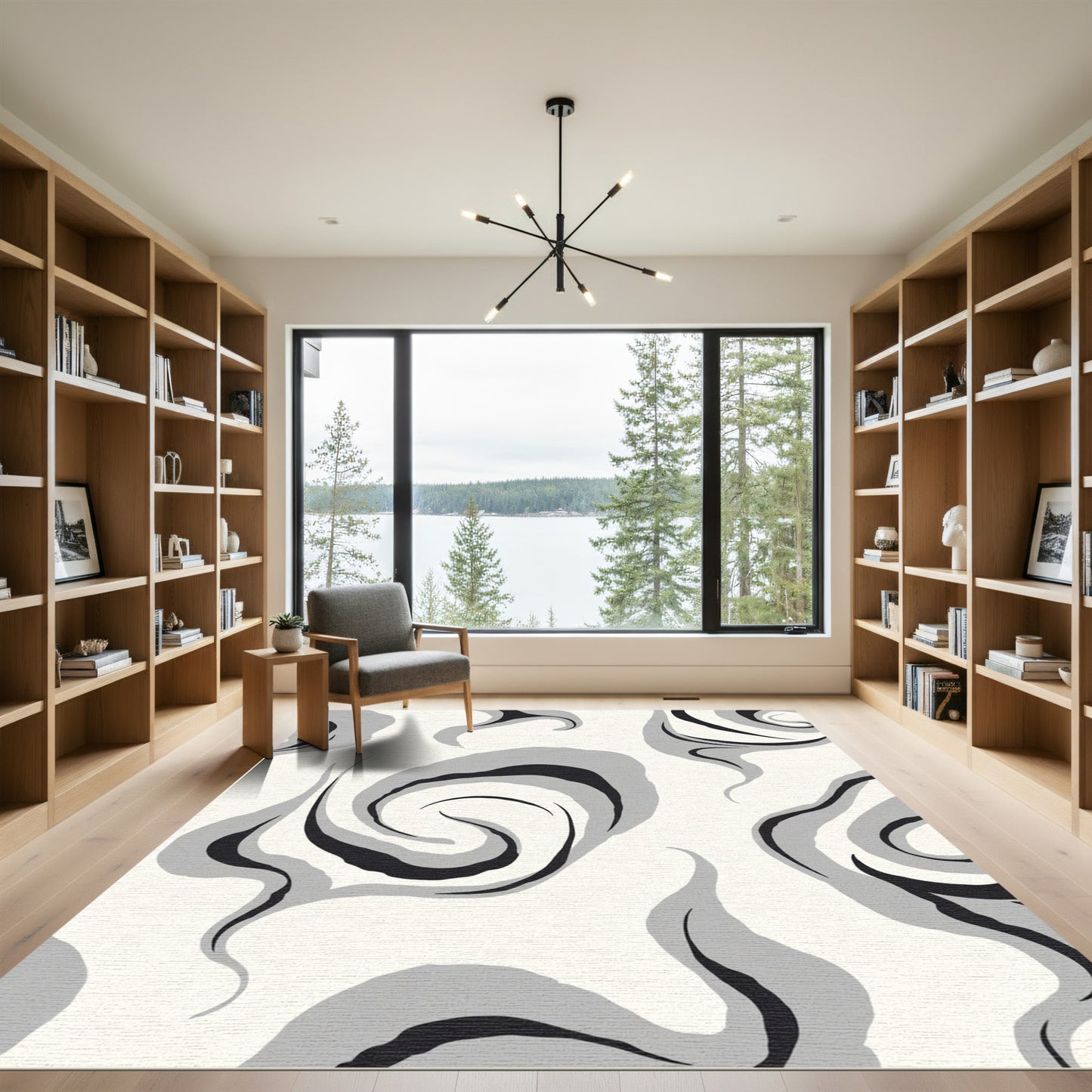 Black Gray Swirl Abstract Rug
