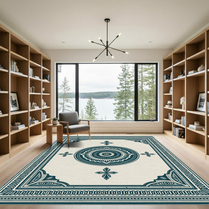 Deep Teal Ivory Medallion Border Rug