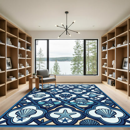 Coastal Navy Blue Seashell Starfish Tile Rug