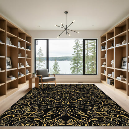 Golden Black Baroque Flourish Rug