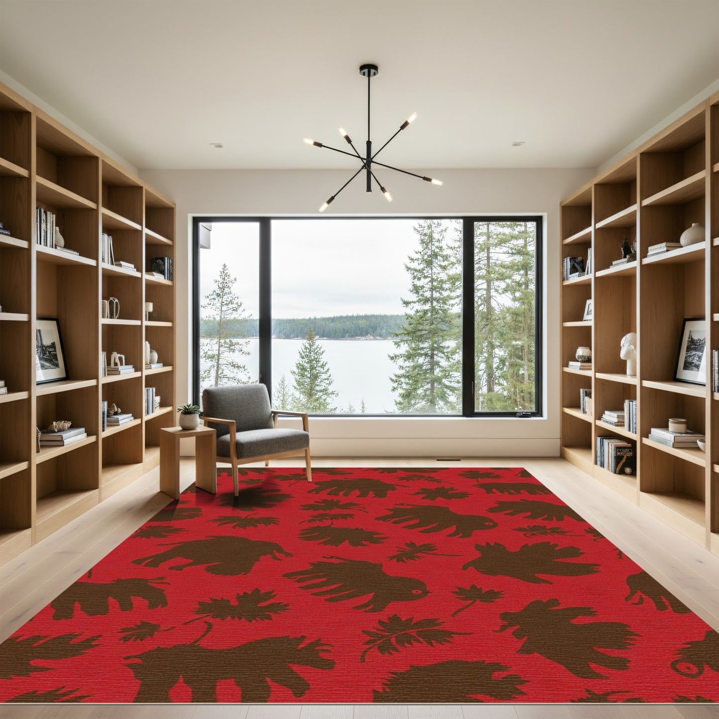Crimson Brown Mammoth Leaf Collage Rug
