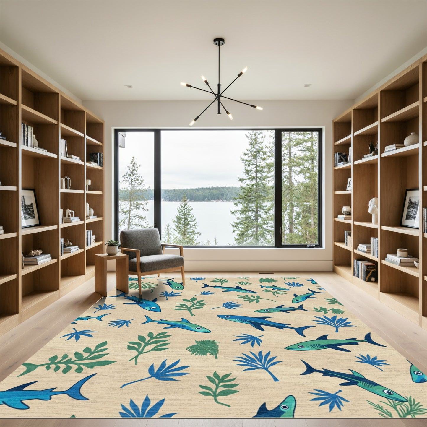 Ocean Blue Shark Leaf Pattern Rug