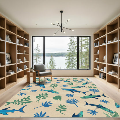 Ocean Blue Shark Leaf Pattern Rug
