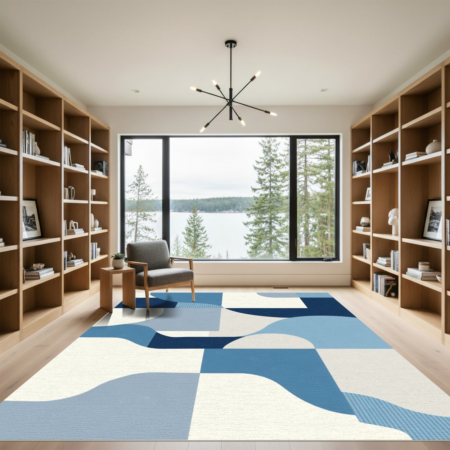 Mid Century Blue Abstract Landscape Rug