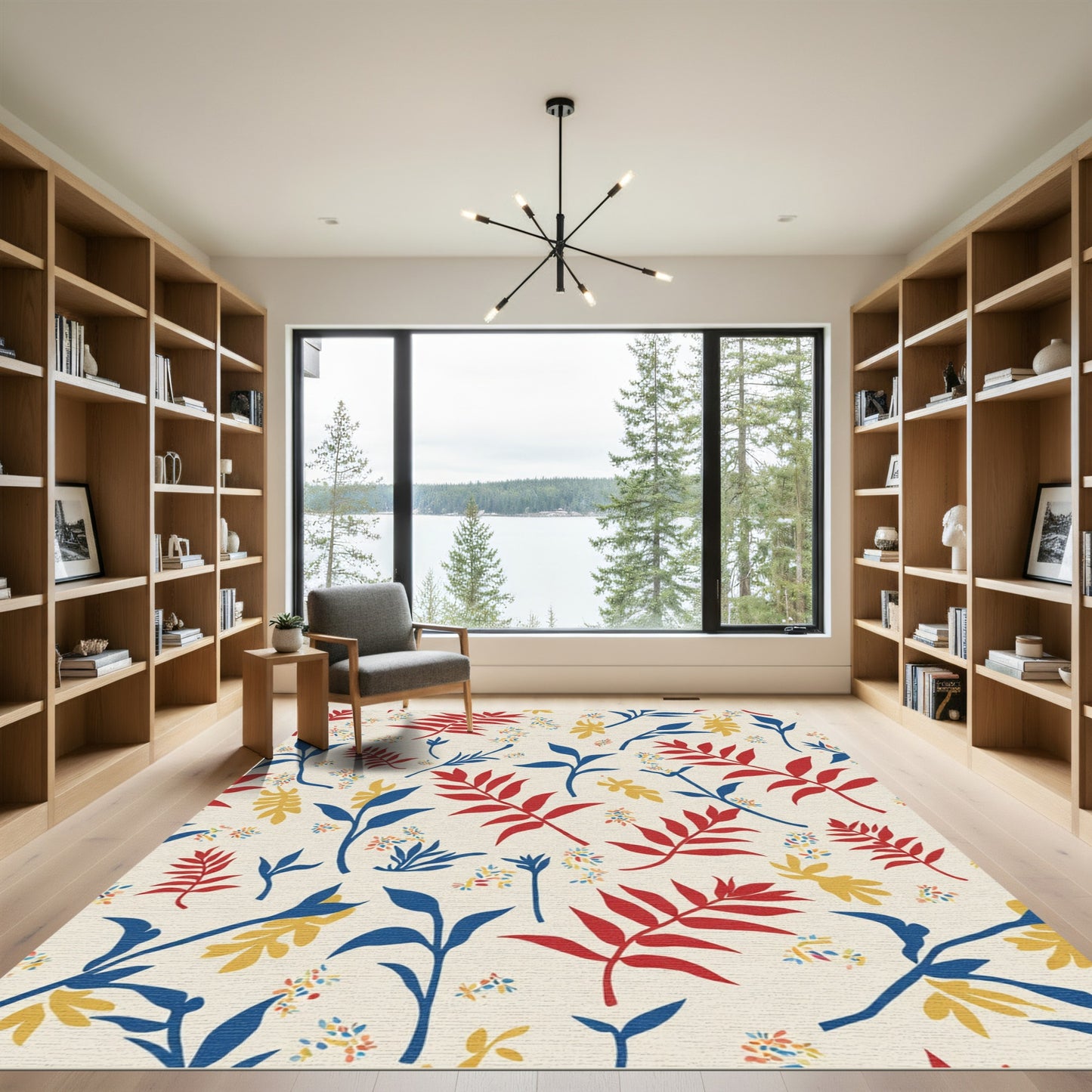 Leafy Scarlet Blue Ochre Botanical Arrangement Rug