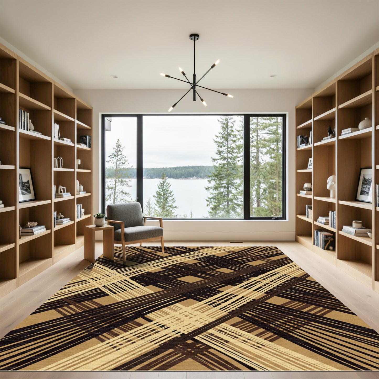 Abstract Tan Plaid Stripe Interwoven Rug
