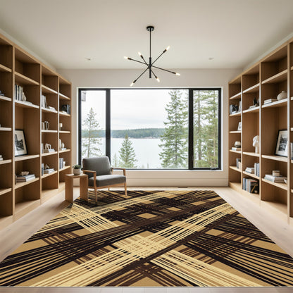 Abstract Tan Plaid Stripe Interwoven Rug