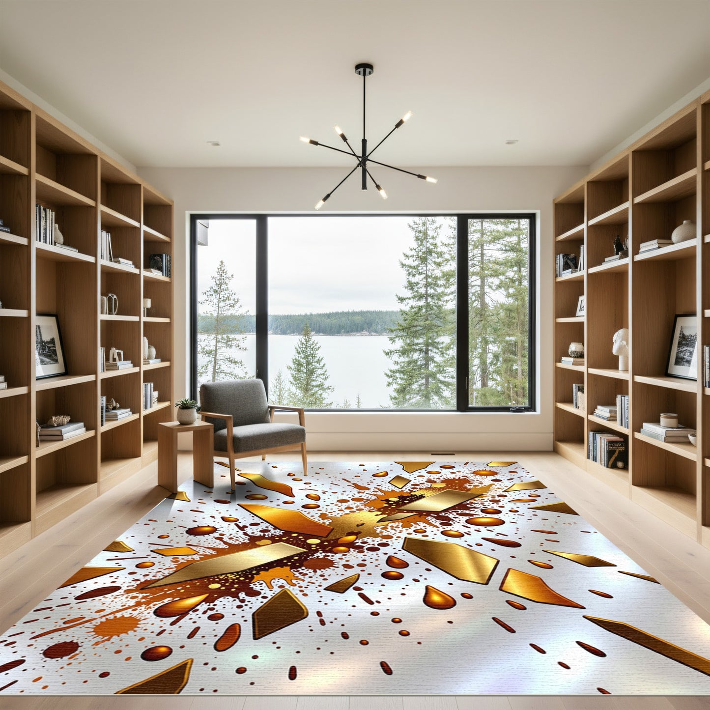 Metallic Gold Splatter Abstract Forms Rug