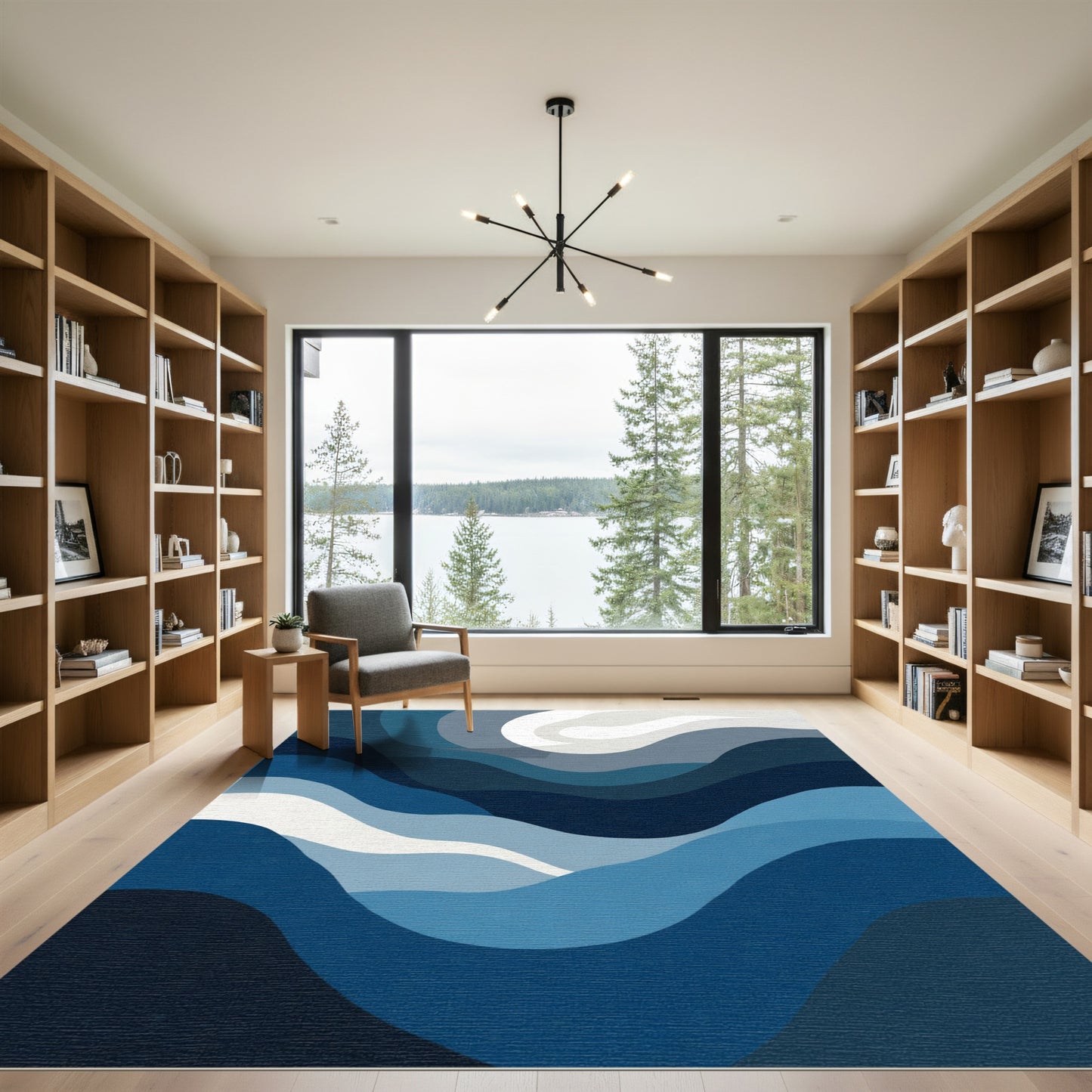 Modern Deep Blue Wavy Abstract Rug