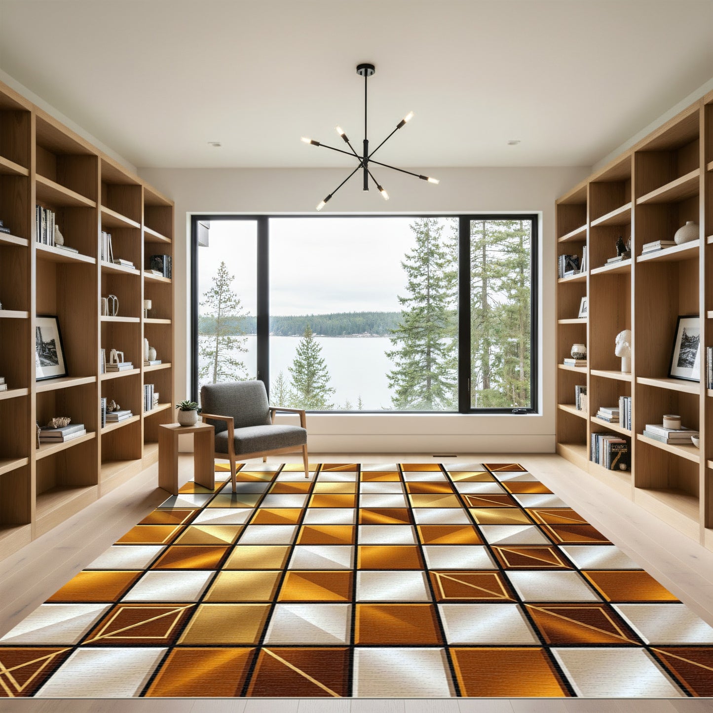 Golden White Metallic Square Grid Rug