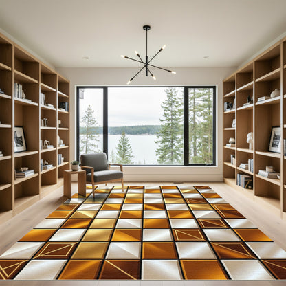 Golden White Metallic Square Grid Rug