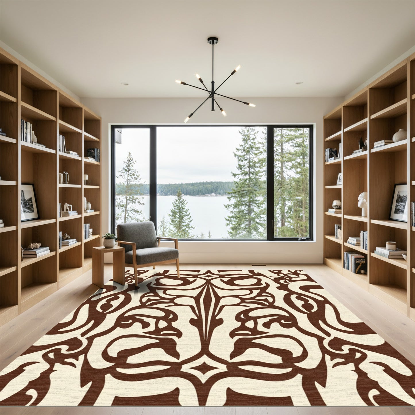 Brown Cream Ornate Face Scroll Rug