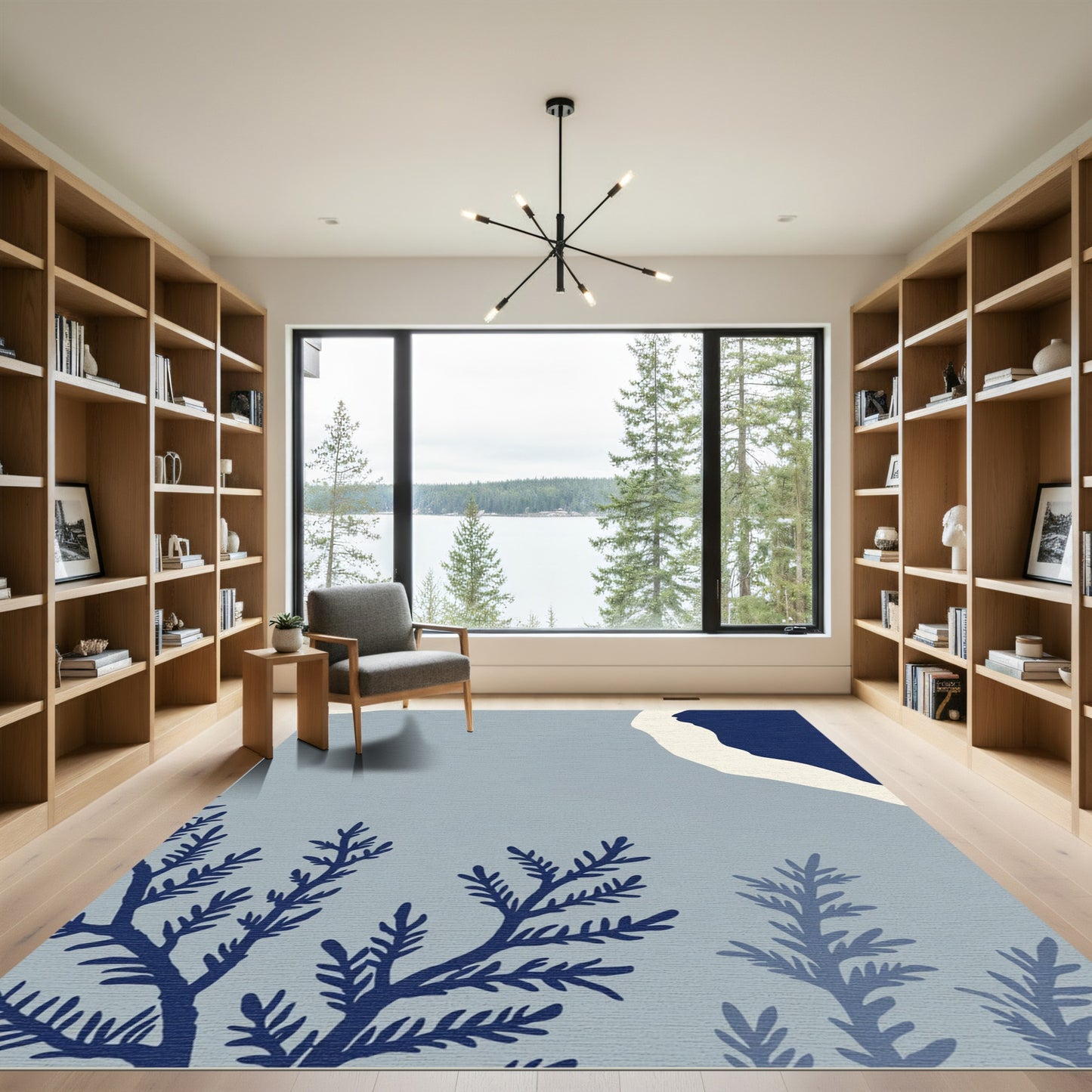 Navy Woodland Fern Abstract Rug